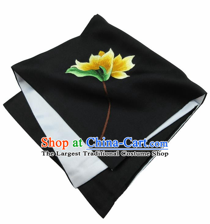 Chinese Traditional Handmade Embroidery Magnolia Black Silk Handkerchief Embroidered Hanky Suzhou Embroidery Noserag Craft