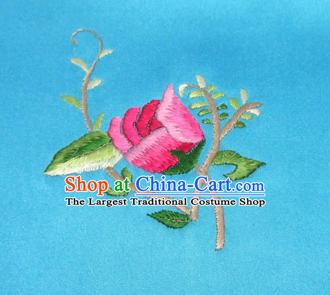Chinese Traditional Handmade Embroidery Flower Blue Silk Handkerchief Embroidered Hanky Suzhou Embroidery Noserag Craft