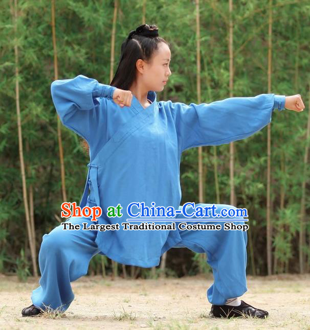 Chinese Traditional Wudang Martial Arts Deep Blue Outfits Kung Fu Taoist Priest Tai Chi Costume for Women