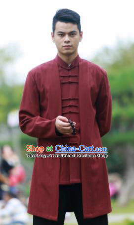 Traditional Chinese Kung Fu Tai Chi Purplish Red Flax Jacket Martial Arts Competition Costume for Men