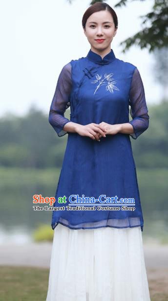 Chinese Traditional Tang Suit Painting Bamboo Navy Qipao Dress Classical Cheongsam Costume for Women