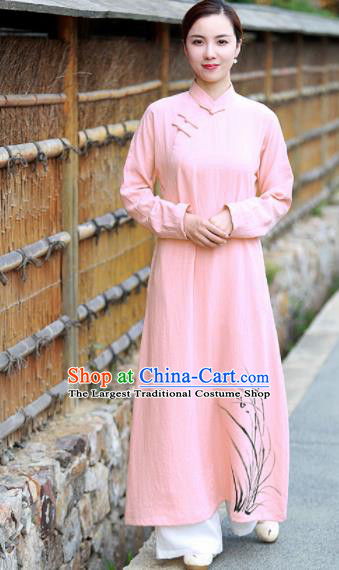 Chinese Traditional Tang Suit Painting Orchid Pink Qipao Dress Classical Cheongsam Costume for Women