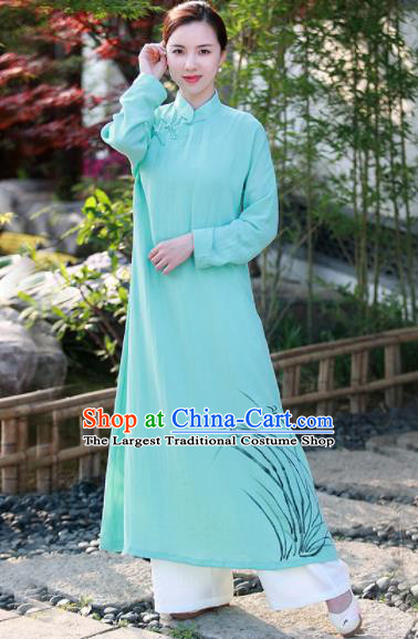 Chinese Traditional Tang Suit Painting Orchid Green Qipao Dress Classical Cheongsam Costume for Women