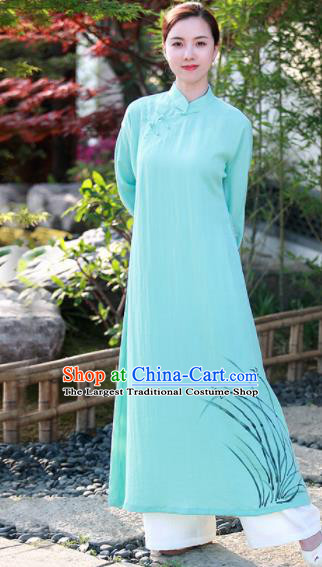 Chinese Traditional Tang Suit Painting Orchid Green Qipao Dress Classical Cheongsam Costume for Women