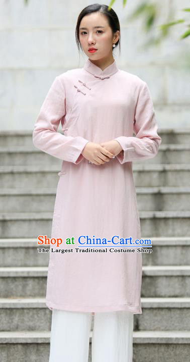 Chinese Traditional Tang Suit Pink Flax Qipao Blouse Classical Overcoat Costume for Women