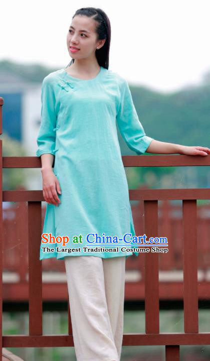 Chinese Traditional Tang Suit Green Flax Blouse Classical Dress Costume for Women
