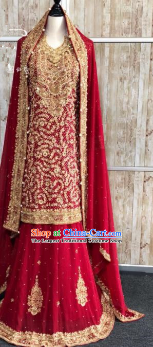 South Asia  Indian Hui Nationality Bride Red Costumes Traditional   India Wedding Luxury Embroidered Dress for Women