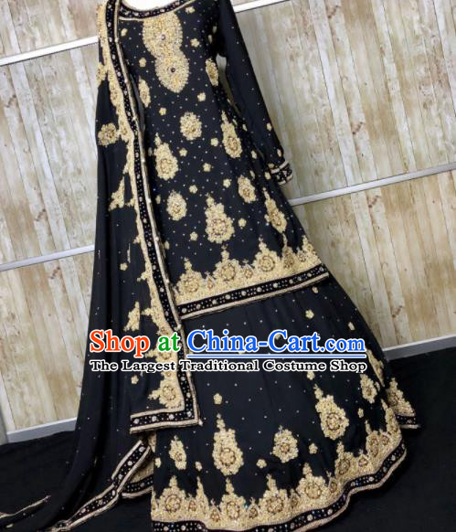 South Asia Pakistan Islam Bride Muslim Black Dress Traditional Pakistani Hui Nationality Wedding Luxury Embroidered Costumes for Women