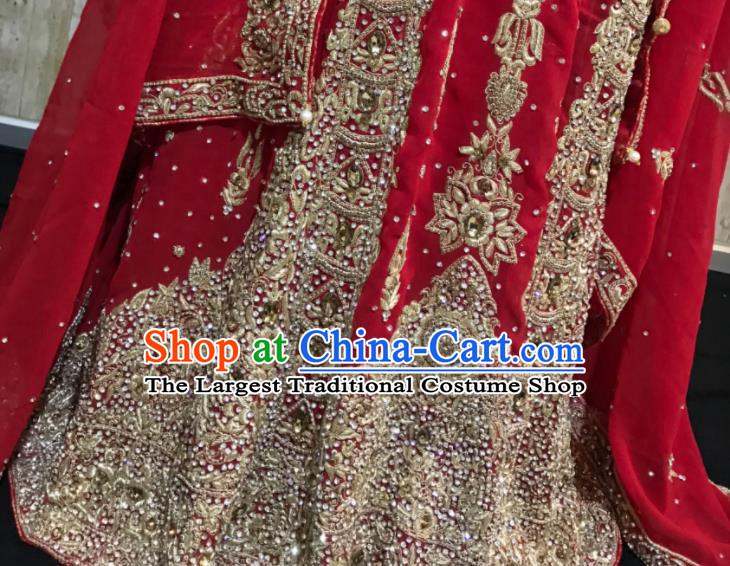 South Asia Pakistan Islam Bride Muslim Embroidered Wine Red Dress Traditional Pakistani Hui Nationality Wedding Luxury Costumes for Women