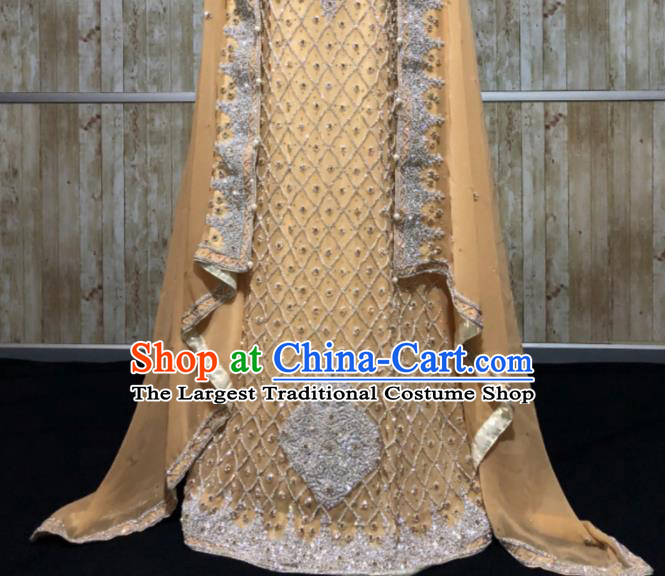 South Asia Pakistan Court Muslim Bride Embroidered Golden Dress Traditional Pakistani Hui Nationality Islam Wedding Costumes for Women