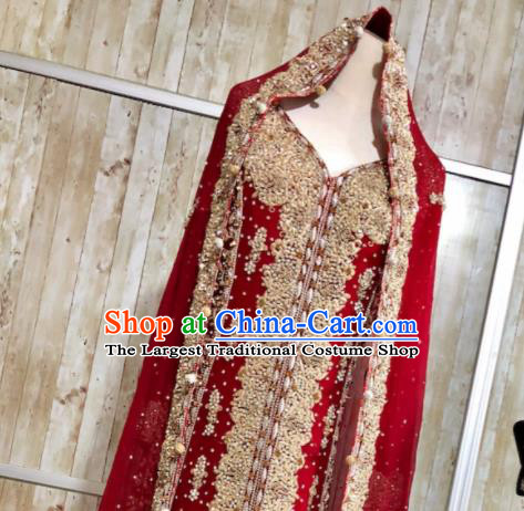 South Asia Pakistan Court Muslim Bride Wine Red Embroidered Dress Traditional Pakistani Hui Nationality Islam Wedding Costumes for Women