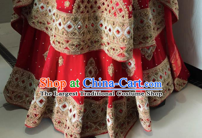 Asian Pakistan Court Bride Embroidered Red Wedding Dress Traditional Pakistani Hui Nationality Islam Costumes for Women