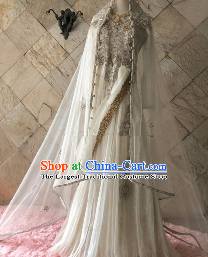 Asian Pakistan Court Bride Embroidered White Wedding Dress Traditional Pakistani Hui Nationality Islam Costumes for Women
