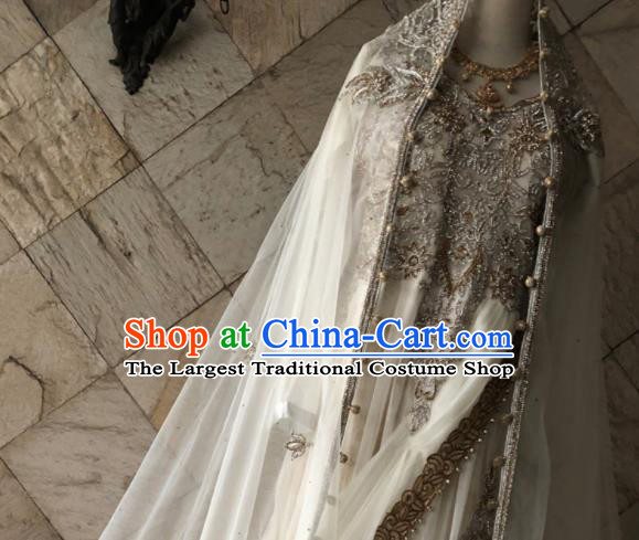 Asian Pakistan Court Bride Embroidered White Wedding Dress Traditional Pakistani Hui Nationality Islam Costumes for Women