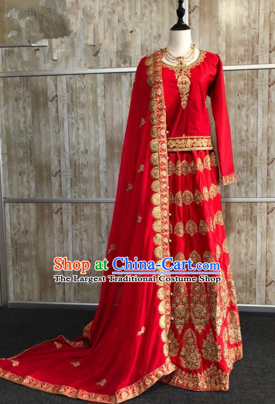Asian  Indian Court Bride Wedding Red Embroidered Dress Traditional   India Hui Nationality Costumes for Women