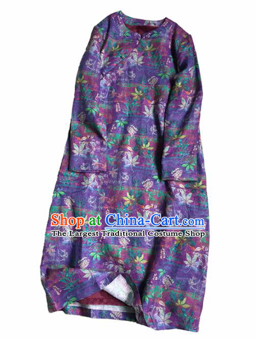 Chinese Traditional Tang Suit Printing Purple Flax Cheongsam National Costume Qipao Dress for Women