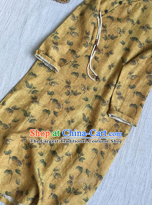 Chinese Traditional Tang Suit Printing Yellow Flax Cheongsam National Costume Qipao Dress for Women