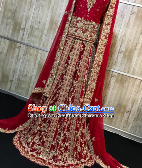 South Asia Pakistan Court Queen Dark Red Embroidered Dress Traditional Pakistani Hui Nationality Islam Bride Wedding Costumes for Women