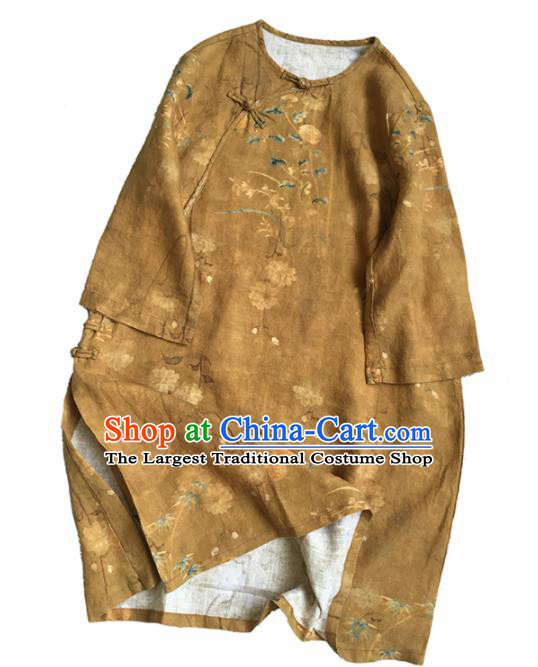 Chinese Traditional Tang Suit Printing Ginger Linen Cheongsam National Costume Qipao Dress for Women