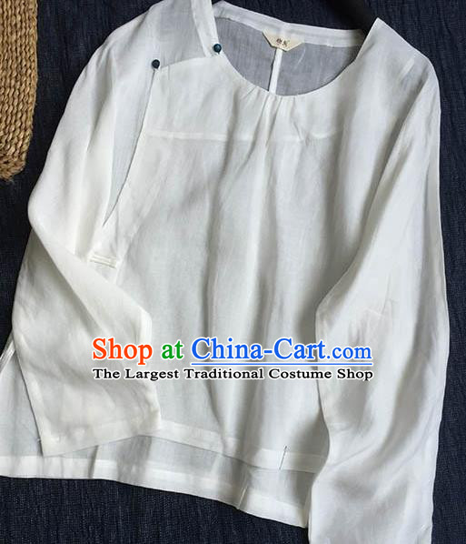 Chinese Traditional Tang Suit White Ramie Blouse National Upper Outer Garment Costume for Women