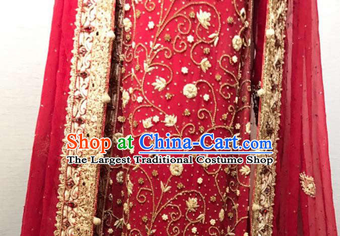 South Asia Pakistan Court Queen Wedding Red Embroidered Dress Traditional Pakistani Hui Nationality Islam Bride Costumes for Women