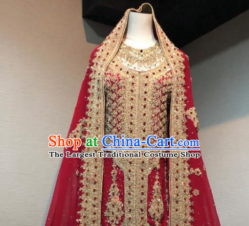 Asian Pakistan Court Queen Wedding Embroidered Red Dress Traditional Pakistani Hui Nationality Islam Bride Costumes for Women