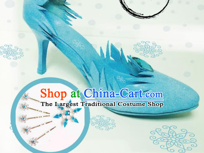 Top Grade Blue Shoes Cosplay Snow Queen Blue High Heels Shoes for Women