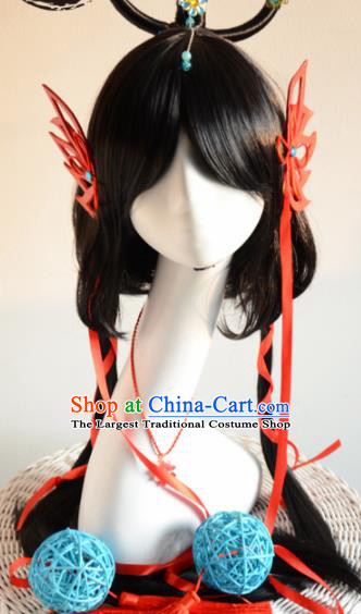 Top Grade Cosplay Fairy Swordsman Black Wigs and Hair Accessories for Women