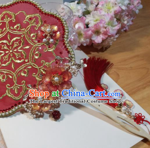 Traditional Chinese Classical Embroidered Red Palace Fans Hanfu Bride Silk Fan for Women