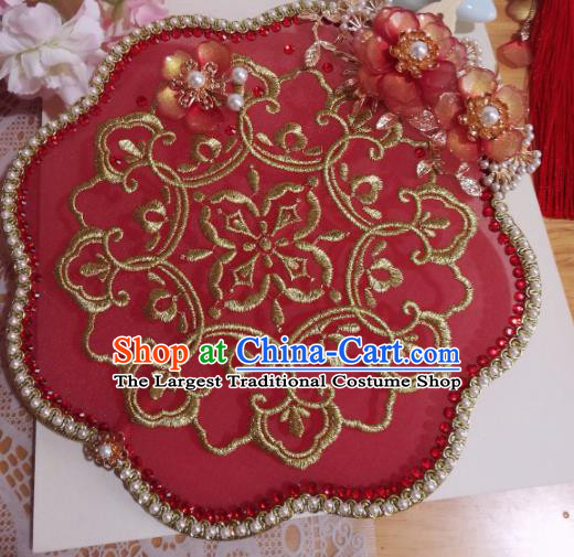 Traditional Chinese Classical Embroidered Red Palace Fans Hanfu Bride Silk Fan for Women