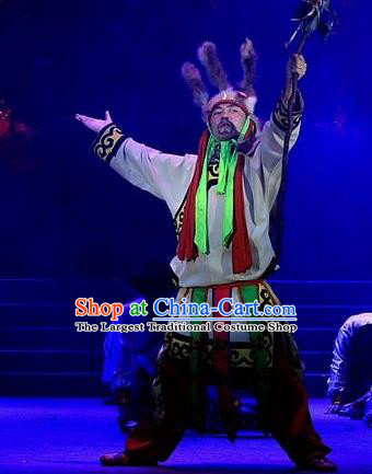 Phoenix Flying Qiang Dance Traditional Chinese Qiang Ethnic Minority Chief Dance Costumes and Headwear for Men