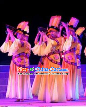 Phoenix Flying Qiang Dance Traditional Chinese Qiang Nationality Dance Yellow Dress and Headwear for Women