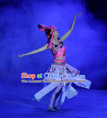 Phoenix Flying Qiang Dance Traditional Chinese Qiang Nationality Dance Dress and Headwear for Women
