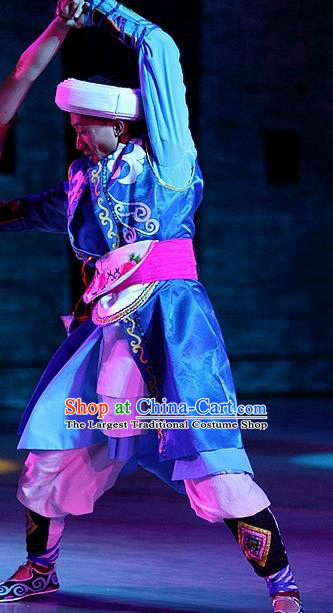 Phoenix Flying Qiang Dance Traditional Chinese Qiang Ethnic Minority Folk Dance Blue Costumes and Headwear for Men