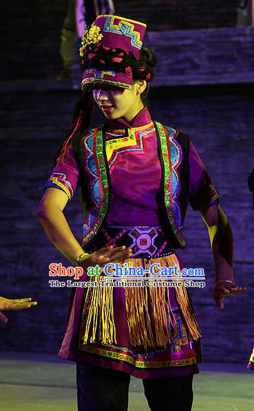 Phoenix Flying Qiang Dance Traditional Chinese Qiang Ethnic Minority Dance Purple Costume and Headwear for Women