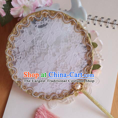 Traditional Chinese Classical White Lace Palace Fans Hanfu Bride Round Fan for Women