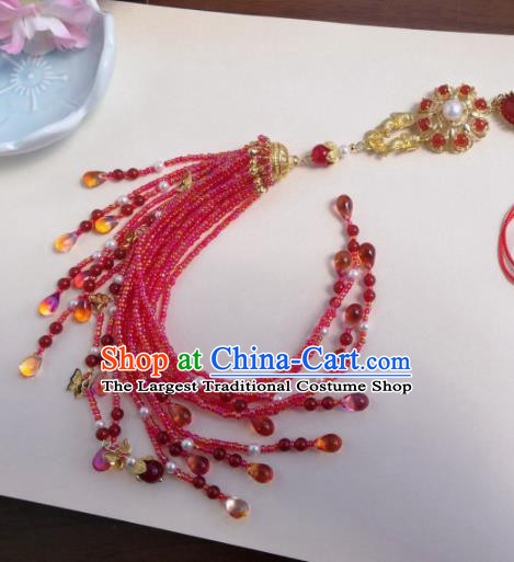 Traditional Chinese Classical Red Beads Brooch Pendant Hanfu Palace Tassel Breastpin Accessories for Women