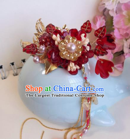 Traditional Chinese Classical Red Flower Hairpins Ancient Hanfu Hair Accessories for Women