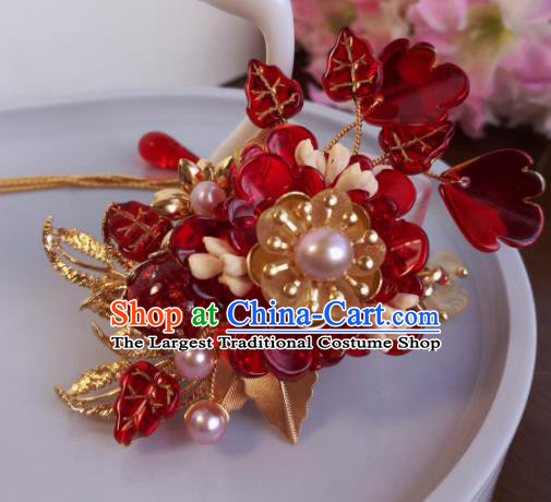 Traditional Chinese Classical Red Flower Hairpins Ancient Hanfu Hair Accessories for Women