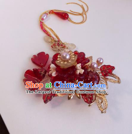 Traditional Chinese Classical Red Flower Hairpins Ancient Hanfu Hair Accessories for Women