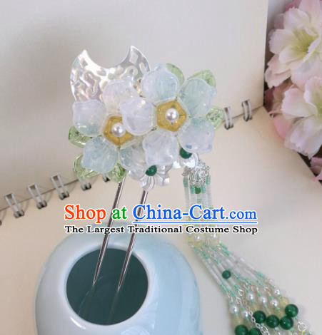 Traditional Chinese Classical White Flower Tassel Hairpins Ancient Hanfu Hair Accessories for Women