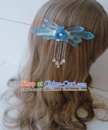 Traditional Chinese Cosplay Swordsman Blue Crystal Hair Claw Hairpins Ancient Hanfu Hair Accessories for Women