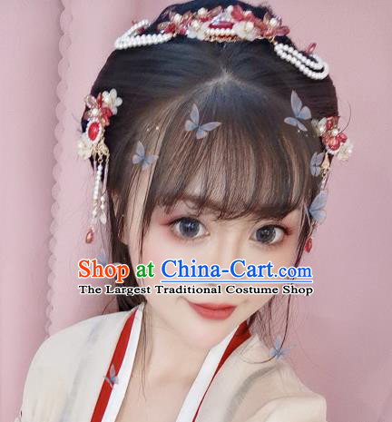Traditional Chinese Classical Red Flowers Hair Clip Hairpins Ancient Princess Hanfu Hair Accessories for Women