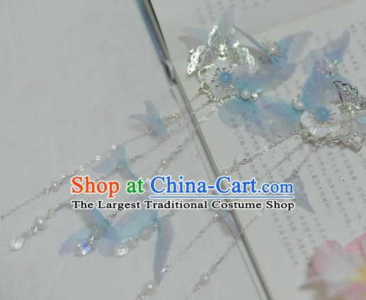 Traditional Chinese Classical Blue Silk Butterfly Hair Claws Hairpins Ancient Princess Hanfu Hair Accessories for Women