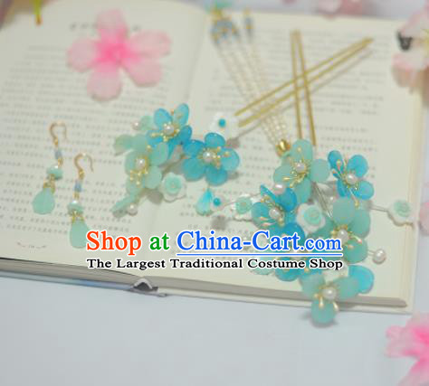 Traditional Chinese Classical Blue Plum Blossom Hairpins Ancient Princess Hanfu Hair Accessories for Women