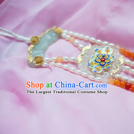 Traditional Chinese Hanfu Tang Dynasty Pearls Necklace Ancient Princess Blueing Lotus Necklet Accessories for Women