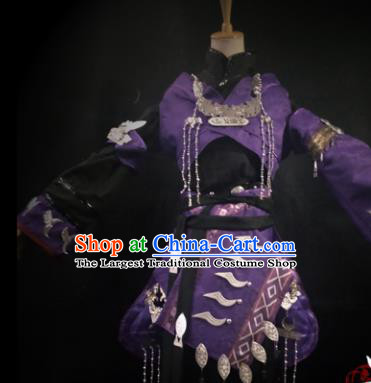 Chinese Cosplay Tang Dynasty Female Swordsman Purple Short Dress Ancient Princess Peri Costume for Women