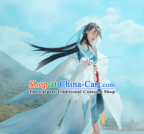 Chinese Cosplay Female Swordsman Blue Dress Ancient Princess Peri Costume for Women