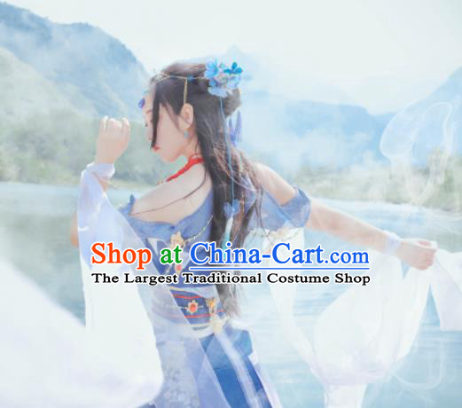 Chinese Cosplay Female Swordsman Blue Dress Ancient Princess Peri Costume for Women