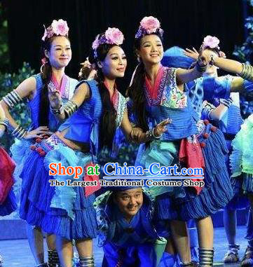 Chinese Drama Dragon Boat Festival Folk Dance Blue Dress Stage Performance Costume and Headpiece for Women